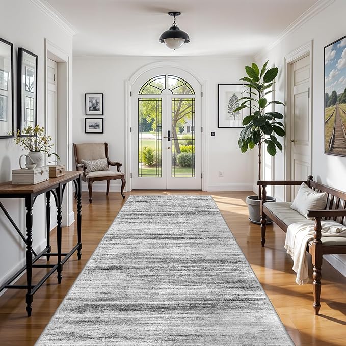 6x12 Runner Rug for Wide Hallway: Long Washable Area Rugs for Living Room Dining Room Office - Stain and Water Resistant Runners with Non-Slip Backing - Soft Low-Pile Thin Carpet Grey