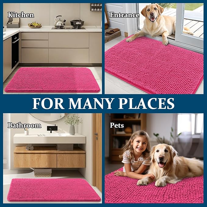 OLANLY Dog Door Mat for Muddy Paws 32x20, Absorbs Moisture and Dirt, Absorbent Non-Slip Washable Doormat, Quick Dry Chenille Mud Mat for Dogs, Entry Indoor Entryway Carpet for Inside Floor, Hot Pink