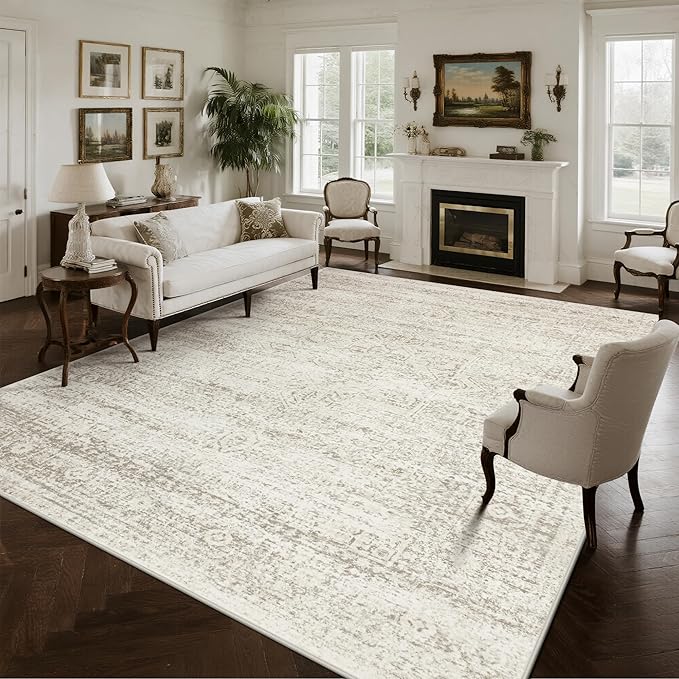 Washable Rugs 10x14 Area Rugs for Living Room,Rugs for Bedroom,Large Carpets,Ultra Soft Faux Wool Retro Dining Room Rug,Non Slip&Non-Shedding Low Pile Vintage Print Rug for Home Office Decor