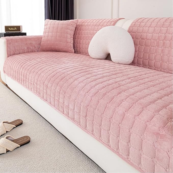 Velvet Couch Cover, Washable Sectional Sofa Cover, Anti Slip Sofa Slipcover for 3 Cushion Couch Sofa L Shaped Armrest Backrest, Furniture Protector Covers for Pets Kids(1PC,Pink,36"×71")