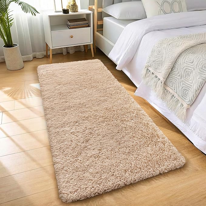 OLANLY 2x11 Machine Washable Runner Rugs for Hallway, Soft Fluffy Shaggy Bedside Rugs for Bedroom, Living Room, Indoor Floor Carpet for Kids Girls and Boys, Nursery Rooms, Home Decor Aesthetic, Beige