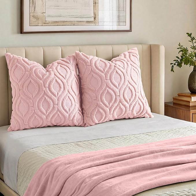 decorUhome Throw Pillow Covers 26x26 Inch Set of 2, Soft Plush Faux Wool Pink Solid Couch Pillow Covers, Accent Euro Sham Farmhouse Neutral Square Pillow Cases for Sofa Bed Living Room