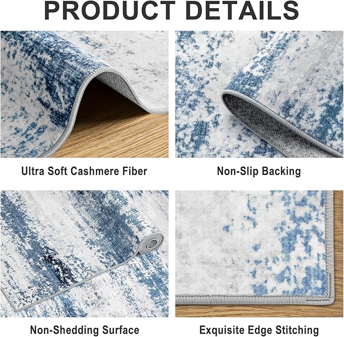 Area Rugs 10x14 Living Room - Washable Rug Modern Abstract Soft Large Neutral Non-Slip Carpet Indoor Floor Thin Carpets for Bedroom Dining Room Farmhouse Nursery Home Office White Blue Grey