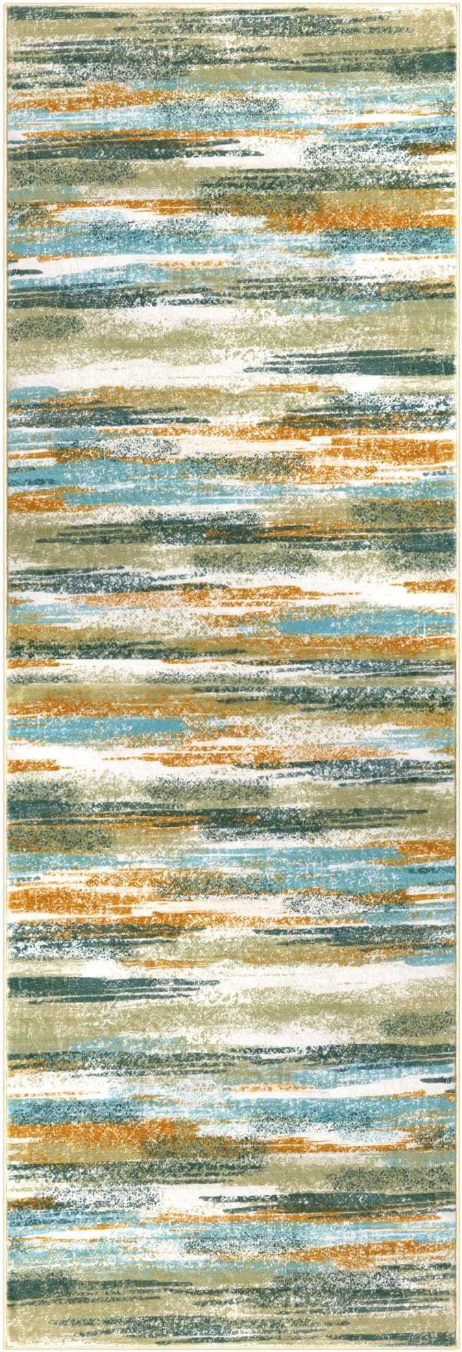 Lansny Modern Abstract Runner Rug 2.6x18, Green Mustard Multi Washable Long Kitchen Runner Non-Slip Soft Hallway Rug Runner Thin Print Faux Wool Carpet for Entryway Bedroom Laundry Room Indoor