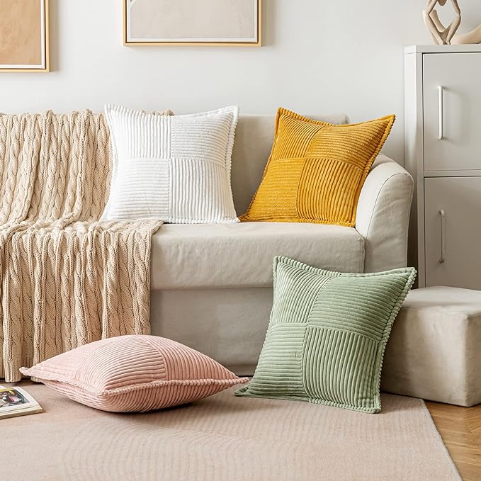 MIULEE Decorative Throw Pillow Covers for Couch Bed Livingroom 18x18 Inch Set of 2 Fall Mustard Yellow Boho Accent Throw Pllows Broadside Striped Patchwork Soft Corduroy Pillowcases