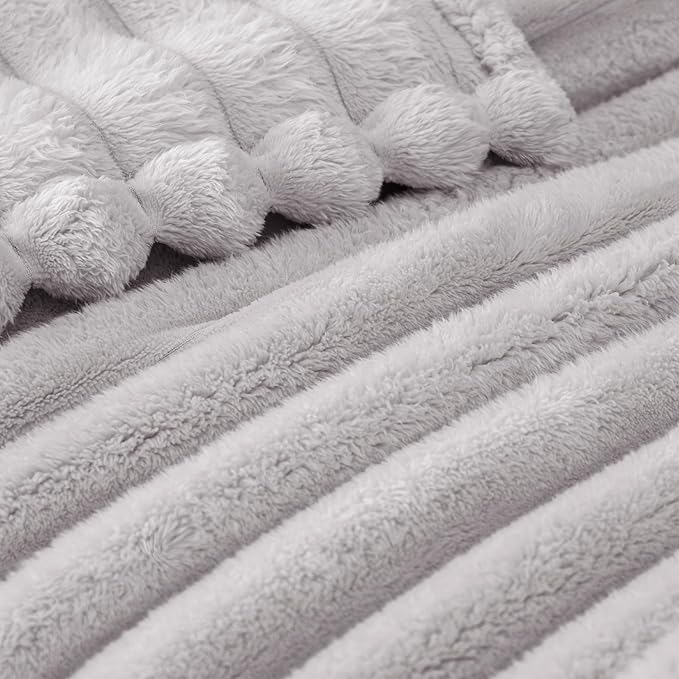 Exclusivo Mezcla Queen Size Flannel Fleece Blanket, Super Soft Striped Jacquard Bed Blanket, Lightweight Fuzzy Cozy for All Seasons, 90x90 Inches, Light Grey
