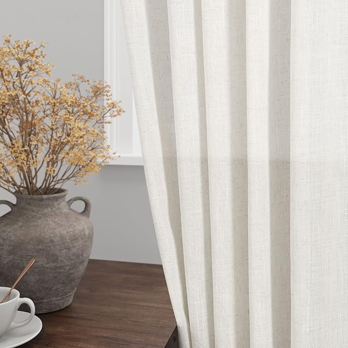 Cream Linen Curtains 67 Inch Length for Living Room 2 Panels Set Neutral Modern Farmhouse Window Curtain Semi Sheer Light Filtering Privacy Back Tab Rod Pocket Drapes for Bedroom Natural Ivory 52x67