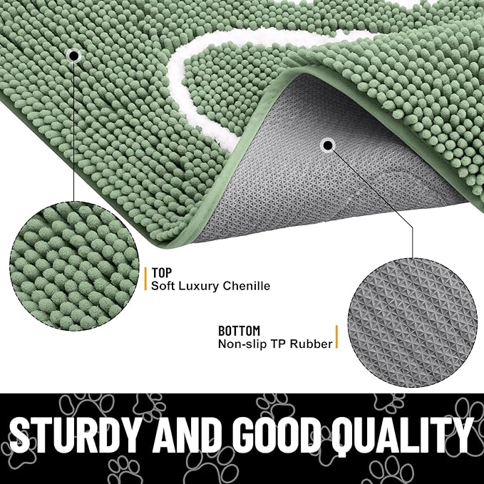 Smiry Dog Door Mat for Muddy Paws, Absorbent Dirt Trapper Non Slip Quick Dry Washable Chenille Mat for Mud Dogs, Entry Rug for Indoor and Outdoor (30x20 Inches, Olive Green and White)