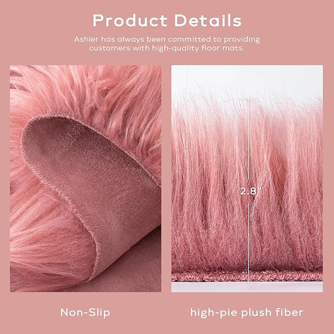 Ashler Faux Fur Rug, Fluffy Shaggy Area Rug, Ultra Soft 3 x 3 Feet Sheepskin Fur, Blush Pink Fuzzy Machine Washable Shag, Nursery Decor Throw for Bedroom, Living Room, Kids Room