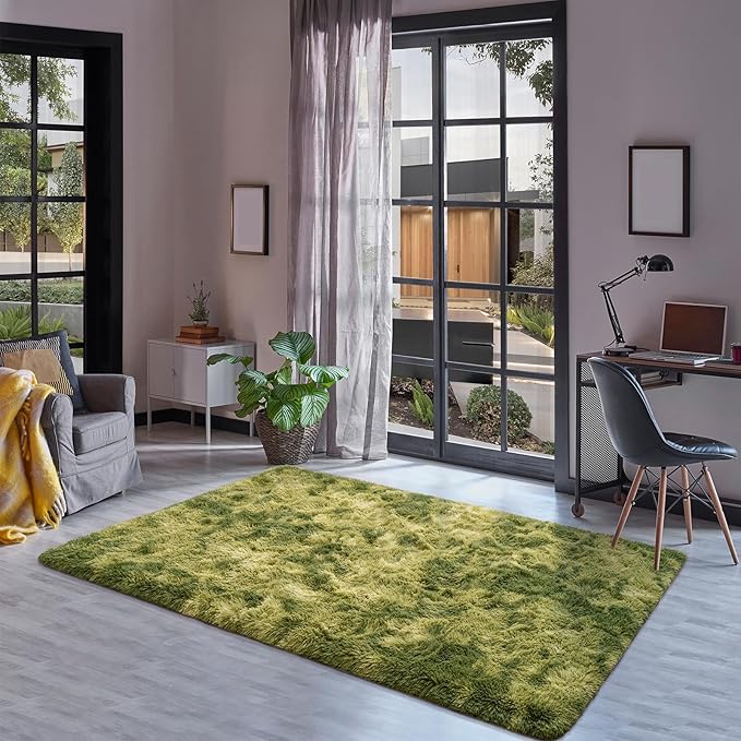 Goideal Fluffy Rug for Bedroom Living Room, 5x7 Green Area Rugs, Faux Fur Shag Modern Carpet Ultra Soft Girls Boys Room Home Decor, Tie-Dyed