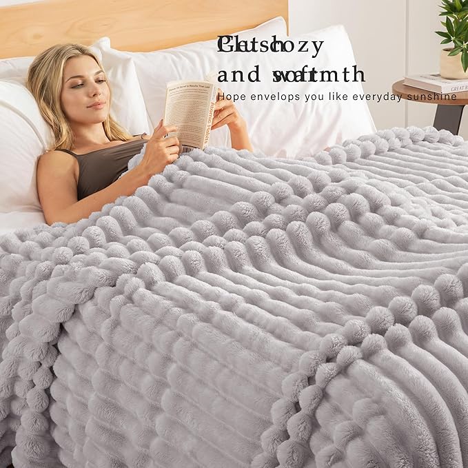 Exclusivo Mezcla Queen Size Flannel Fleece Blanket, Super Soft Striped Jacquard Bed Blanket, Lightweight Fuzzy Cozy for All Seasons, 90x90 Inches, Light Grey