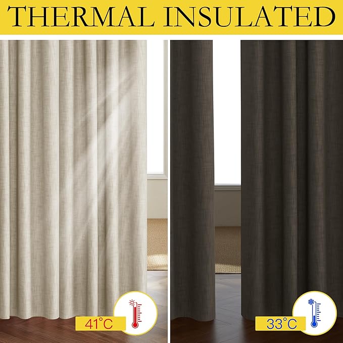 NICETOWN Taupe 100% Blackout Linen Curtains 108 inch Long Burg, Farmhouse Thick Completely Blackout Window Treatment Panels Thermal Insulated Drapes for Living Room (1 Pair, 52" Width Each Panel)