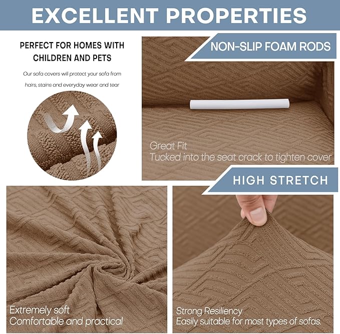 ZNSAYOTX 1 Piece Jacquard Couch Covers for 3 Cushion Couch High Stretch Sofa Cover for Pets Dogs Anti Slip Extra Large Sofa Slipcovers Furniture Protector (X-Large,New Pattern Light Coffee)