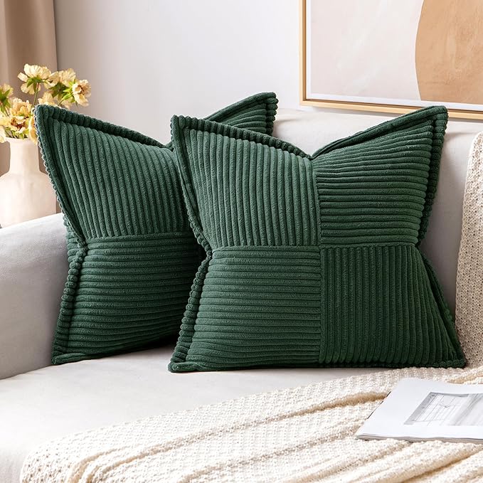 MIULEE Decorative Throw Pillow Covers for Couch Bed Livingroom 18x18 Inch Set of 2 Dark Green Boho Accent Throw Pllows Broadside Striped Patchwork Soft Corduroy Pillowcases
