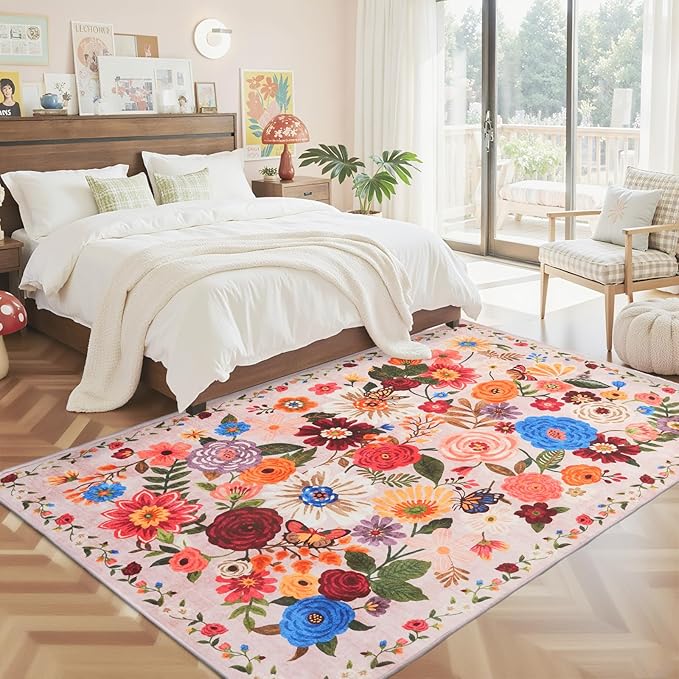 Pink/Beige Floral Washable 6x9 Area Rugs, Soft Bedroom Rug for Living Room Ultra-Thin Non Slip Dining Room Rug, Stain Resistant Rugs Easy Clean Throw Carpet for Office(Beige/Pink Garden, 6 x 9)