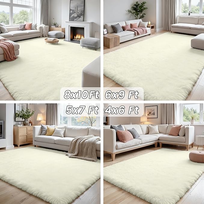 8x10 Area Rugs for Living Room Rug: Soft Fluffy Shag Cream White Rugs for Bedroom, Non-Slip Large Fuzzy Plush Rug Indoor Floor Carpet for Nursery Kids Boys Girl Room, Dorm, Playroom, Modern Home Decor