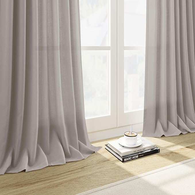 Stone Grey Linen Curtains 108 Inches Long for Living Room Simple Modern Light Filtering Semi Sheer Curtain Back Tab Rod Pocket Neutral Luxury Floor to Ceiling High Window for Bedroom 52x108, 2 Panels