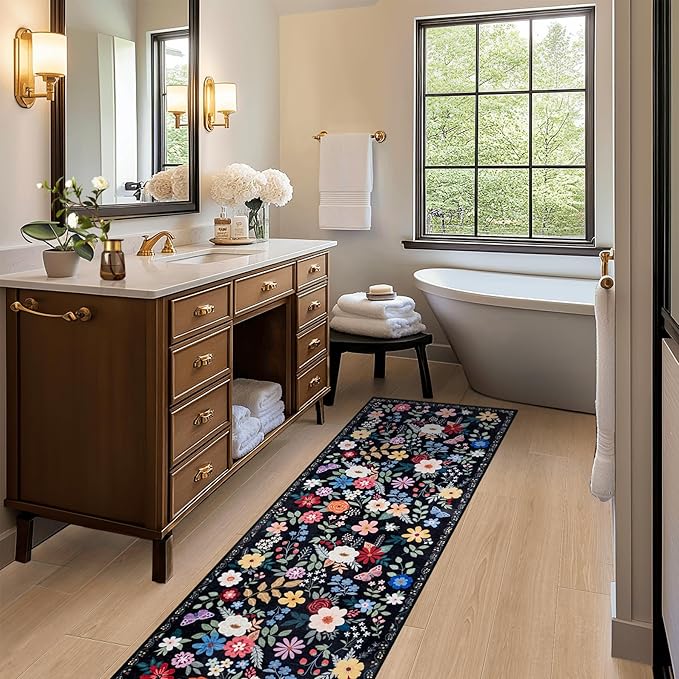 Runner Rug for Entryway: 2x6 Kitchen Rugs Non Slip Washable Ultra-Thin Soft Floral Carpet Indoor Floor Stain Resistant Carpets for Hallway Bedroom Kitchen Laundry Bathroom Dorm Black