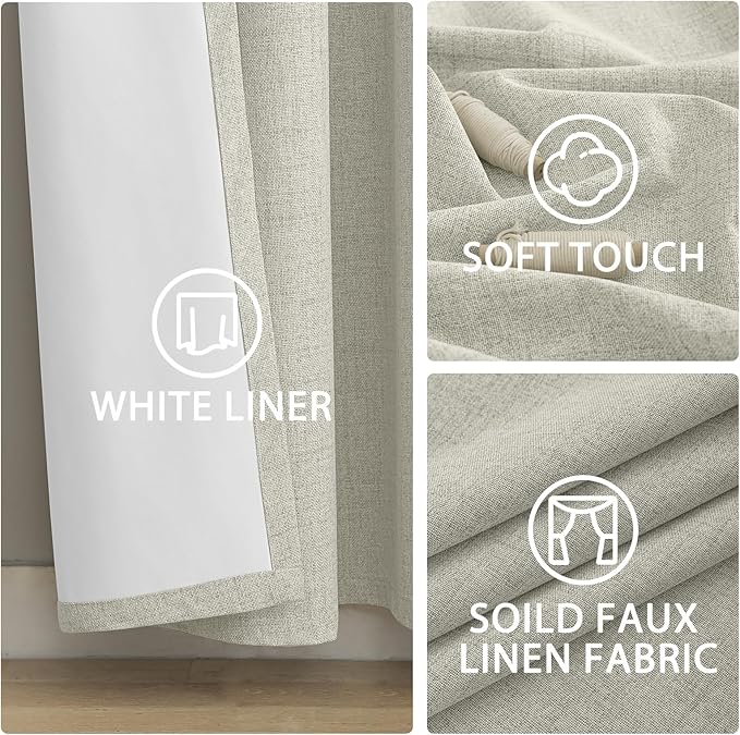 Yakamok Cream Linen Curtains 100% Blackout 84 Inches Long,Room Darkening Textured Drapes for Living Room Thermal Grommet Bedroom Curtains 2 Panels with Greyish White Liner