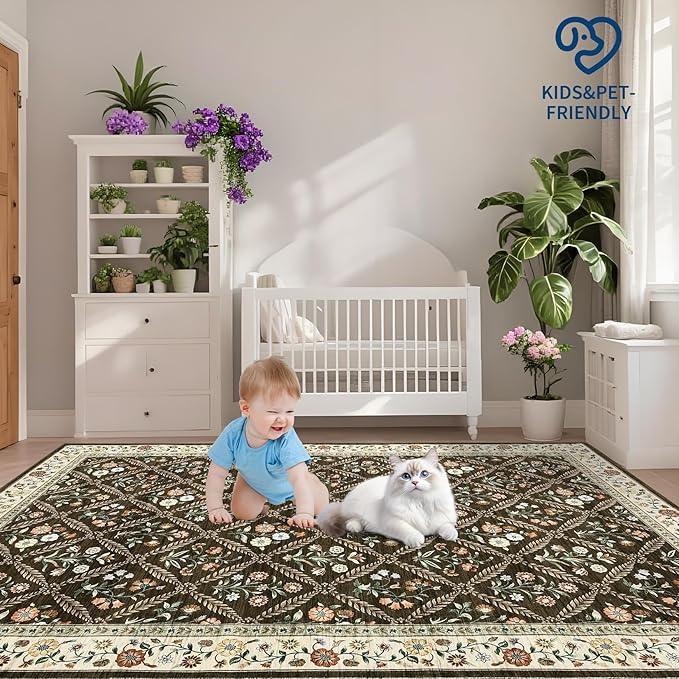 6x9 Machine Washable Area Rugs for Living Room Floral Stain Resistant Soft Carpet Vintage Low Pile Non Slip Non-Shedding Floor Carpet Rugs for Bedroom Nursery Brown
