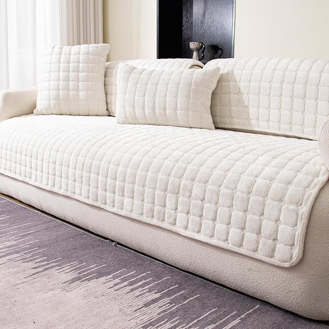 Velvet Couch Cover, Washable Sectional Sofa Cover, Anti Slip Sofa Slipcovers for 3 Cushion Couch Sofa L Shaped Recliner, Furniture Protector Covers for Pets Kids(White, Only 1 PCS)
