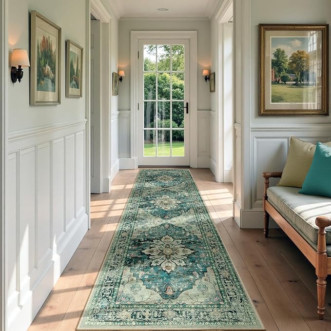 RELEANY Area Rugs 2'x7' Runner Rug Non Slip Washable for Kitchen Hallway Bedroom Beside Laundry Room Bathroom Rug, Floor Carpet, Dark Blue Vintage