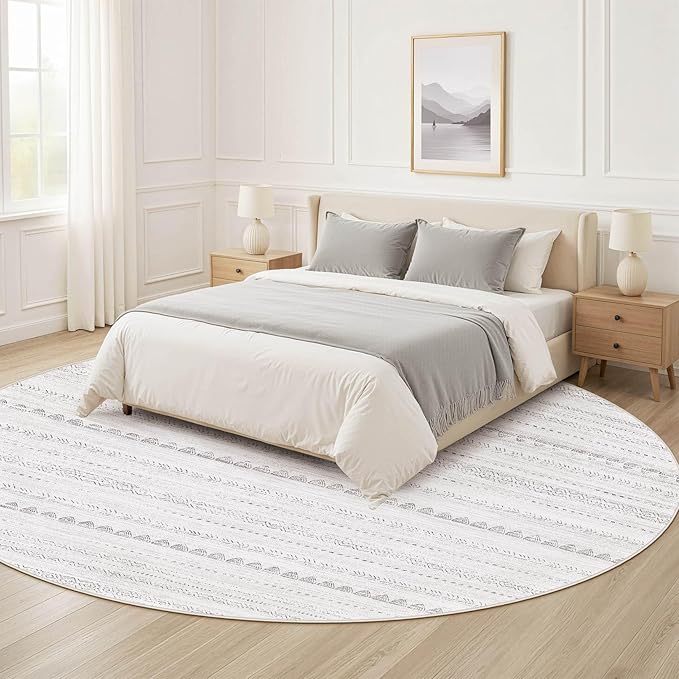 Nakagishi Round Rug Boho Area Rugs: 6x6 Washable Large Circle Neutral Soft Stain Resistant Non-Slip Carpet for Women Aged 25-45 Farmhouse Decor Enthusiasts - Living Room Bedroom Dining Room Nursery