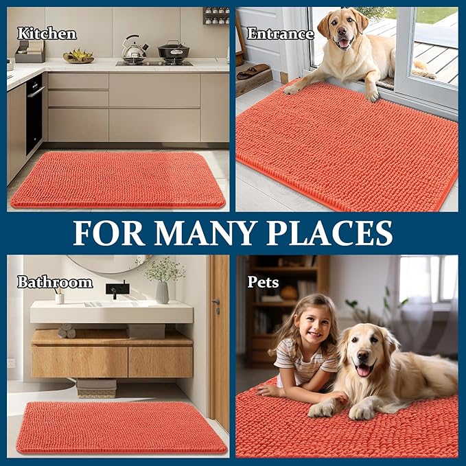 OLANLY Dog Door Mat for Muddy Paws 36x24, Absorbs Moisture and Dirt, Absorbent Non-Slip Washable Doormat, Quick Dry Chenille Mud Mat for Dogs, Entry Indoor Entryway Carpet for Inside Floor, Coral