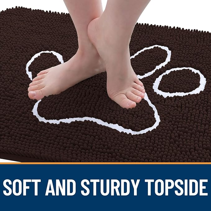 OLANLY Dog Door Mat for Muddy Paws 70x32, Paw Print Design, Absorbs Moisture and Dirt, Absorbent Non-Slip Washable Doormat, Quick Dry Chenille Mud Mat for Dogs, Entry Indoor Entryway Carpet, Brown