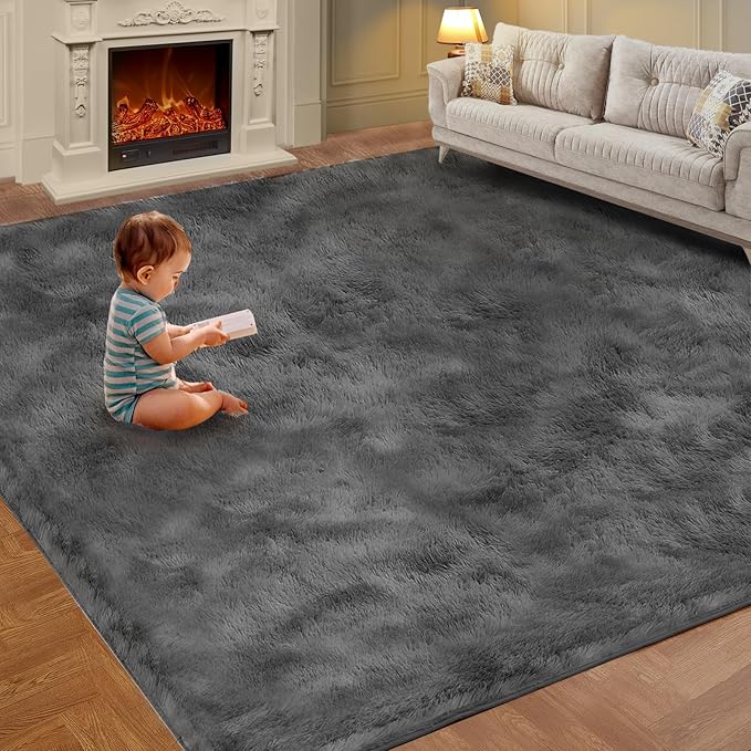 Soft Shag Area Rug for Living Room and Bedroom Decor, 5x7 Feet Solid Gray Non-Slip Indoor Carpet for Kids Boys Girls Dorm Nursery, Large Aesthetic Floor Rug
