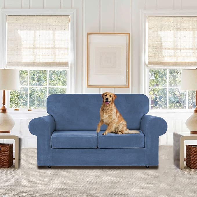 WEERRW Velvet Couch Covers for 2 Cushion Couch Sofa - High Stretch Luxury Velvet Plush 3 Pieces Sofa Slipcovers with Elastic Bottom, Furniture Protector for Pets, Machine Washable, Light Blue, Medium