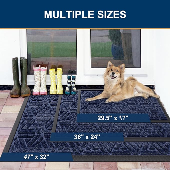 Smiry Front Door Mat Outside Entrance, Heavy Duty Sturdy Natural Rubber Doormat, Trap Dirt and Moisture, Easy Clean Low Profile Mats for Indoor Outdoor Entry, Grid Geometric (59x34, Navy Blue)
