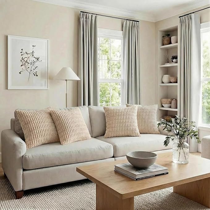 Fancy Homi 4 Packs Tan Decorative Throw Pillow Covers 18x18 Inch for Living Room Couch Bed Sofa, Beige Rustic Farmhouse Boho Home Decor, Soft Plush Striped Corduroy Square Cushion Case 45x45 cm