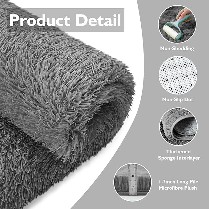 Ultra Soft Fluffy Area Rugs for Bedroom Living Room 10x14, Nursery Rug, Non-Slip Carpet for Kids Dorms Decor, Shaggy Bedside Rug, Deep Grey