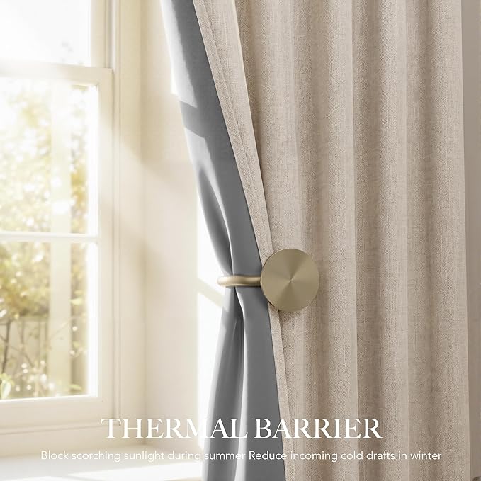 RYB HOME Warm Sand 100% Blackout Curtains for Bedroom, Linen Drapes Back Tab&Rod Pocket, Thermal Insulated Privacy Assurd Curtains for Sliding Glass Doors/Dining/Living Room, W52 x L108, 2 Panels
