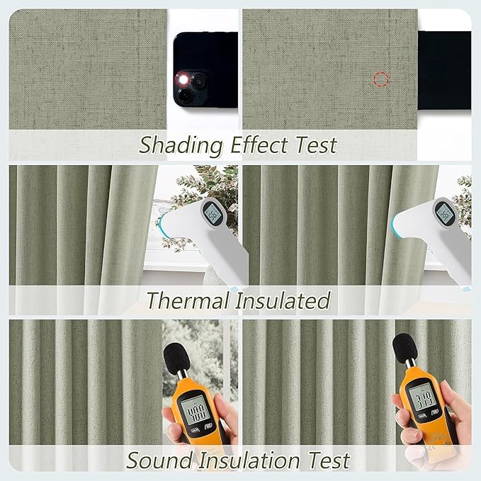 Guken 100% Blackout Linen Curtains 112 Inch Wide by 52 Inch 2 Panels Set for Living Room Bedroom Back Tab Thermal Insulated Black Out Linen Drapes Room Darkening Window Curtains, Sage Green