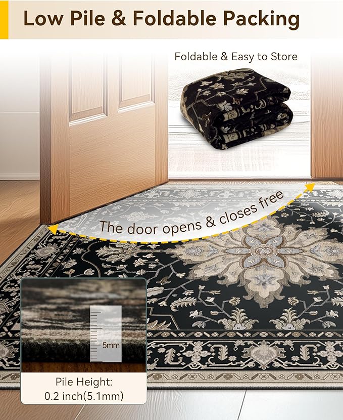 Area Rugs 5'x8' Washable Non-Slip, Floral Vintage Distress Print Pattern Medallion Carpet for Living Room Bedroom Dining Room, Black Brown Neutral Dark Tan