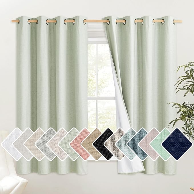 NICETOWN Sage Green Kitchen Linen Completely Shaded Draperies, 2 Pieces, W52 x L63, Privacy Protection & Noise Reducing Ring Top Drapes, White Lined Insulated Window Treatment Curtain Panels