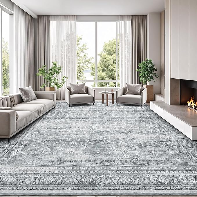 Lofus 10x14 Area Rug for Living Room,Grey Washable Large Rugs with Non-Slip Backing,Soft Boho Carpets for Bedroom Dining Room Home Office Indoor Nursery