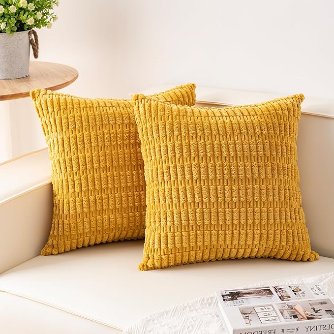 Pack of 2 Corduroy Decorative Throw Pillow Covers 16x16 Inch Soft Striped Pillow Covers Modern Farmhouse Home Decor for Sofa Living Room Couch Bed（Yellow）