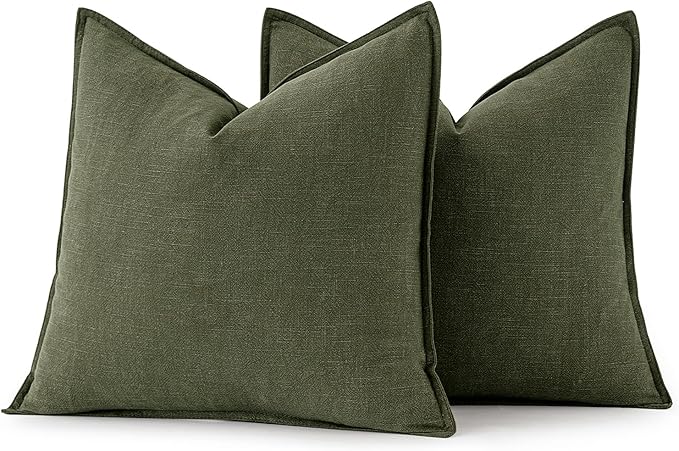 MIULEE Decorative Linen Euro Sham Pillow Covers 28x28 Inch Dark Olive Green Boho Farmhouse Neutral Spring Couch Throw Pillows for Bed Pack of 2 Accent Modern Pillowcase Sofa Livingroom Home Decor