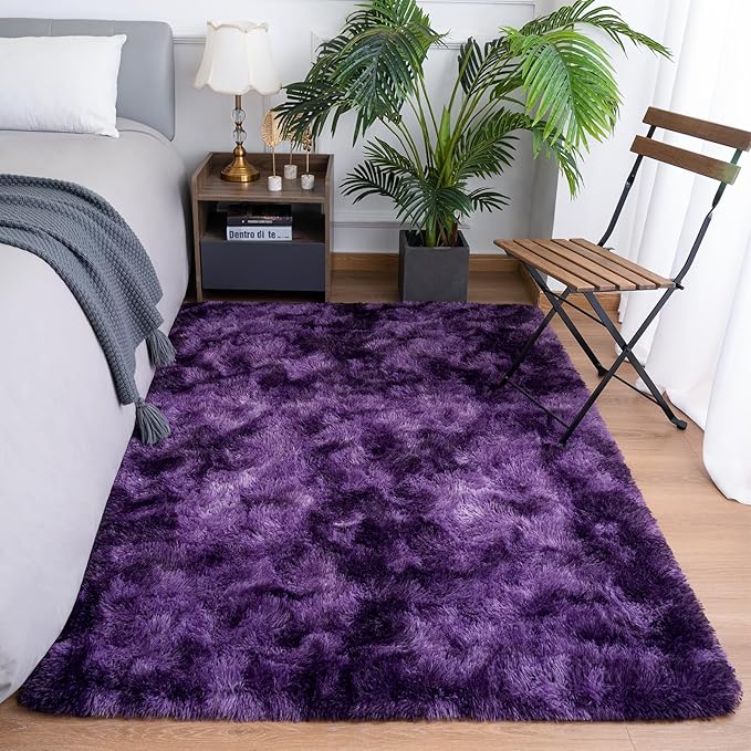 Goideal Fluffy Rug for Bedroom Living Room, 6x9 Purple Area Rugs, Faux Fur Shag Modern Carpet Ultra Soft Girls Boys Room Home Decor, Tie-Dyed