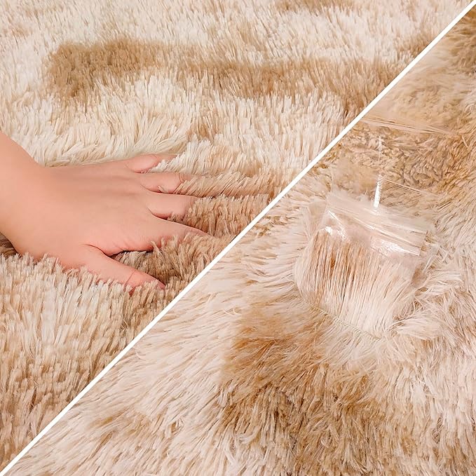 Super Soft Fluffy Living Room Area Rugs 2x5 ft Tie-Dyed Beige Shaggy Furry Carpet Washable Non-Slip Floor Rug Bedroom Bedside Nursery Rug Fuzzy Girls Boy Reduce Noise Dorm Home Decor