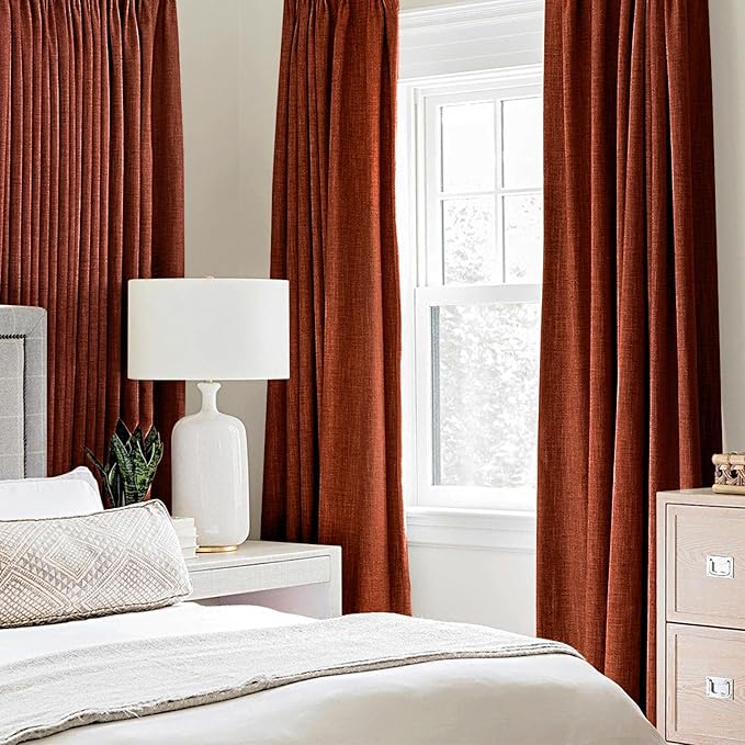 MIULEE 100% Blackout Linen Curtains for Bedroom Thermal Insulated Burnt Orange Grommet Room Darkening Curtains & Drapes Rust Terracotta Fall Decor for Living Room Nursery 52 x 84 Inch (2 Panels)