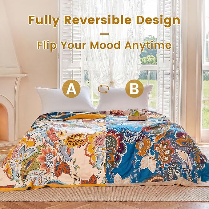 MSGKV Boho Throw Blanket 60"x80" Floral Cotton Blanket for Bed Couch Spring Breathable Lightweight Farmhouse Twin Blankets Home Decor Muslin All Seasons