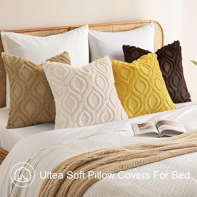 decorUhome Summer Throw Pillow Covers 22x22 Inch Set of 2, Soft Plush Faux Wool Mustard Yellow Solid Couch Pillow Covers, Accent Euro Sham Farmhouse Square Pillow Cases for Sofa Bed Living Room