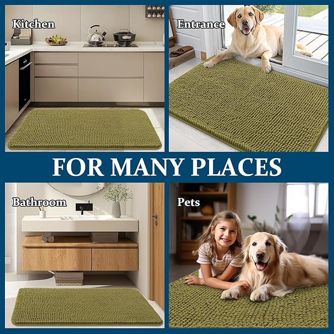 OLANLY Dog Door Mat for Muddy Paws 40x32, Absorbs Moisture and Dirt, Absorbent Non-Slip Washable Doormat, Quick Dry Chenille Mud Mat, Entry Indoor Entryway Carpet for Inside Floor, Willow Green