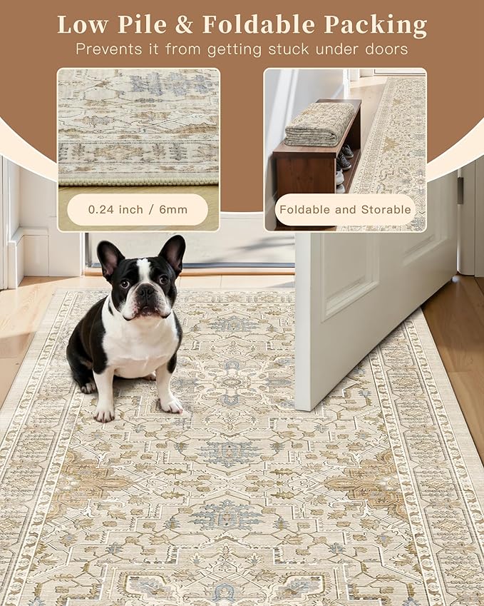 Madane Washable Runner Rug - 2x6 Rug Runners for Hallways 6 Foot Non Slip Vintage Kitchen Runner Rug Ultra-Thin Bathroom Runner Rugs Carpet Laundry Room Bedroom (2x6ft, Beige/Blue)