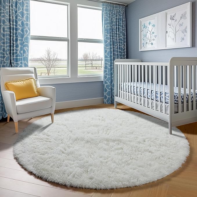 ONASAR Cream White Round Rugs 7ft for Living Room, Ivory Fluffy Bedroom Circle Area Rug, Soft Plush Shaggy Carpet for Kids Girls Boys Teen Nursery Dorm Classroom Playroom Home Decor Aesthetic