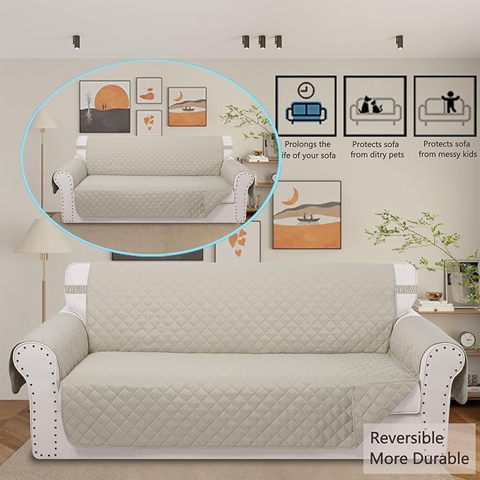 Reversible Couch Cover for 3 Cushion Couch for Pet Friednly Sofa Cover for Dogs Water Resistant Furniture Protector Washable with Elastic Straps(Sofa,Beige/Beige)